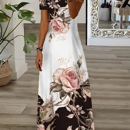 Plus Size Casual Dress, Women's Plus Floral Print Short Sleeve V Neck Medium Stretch Maxi Dress