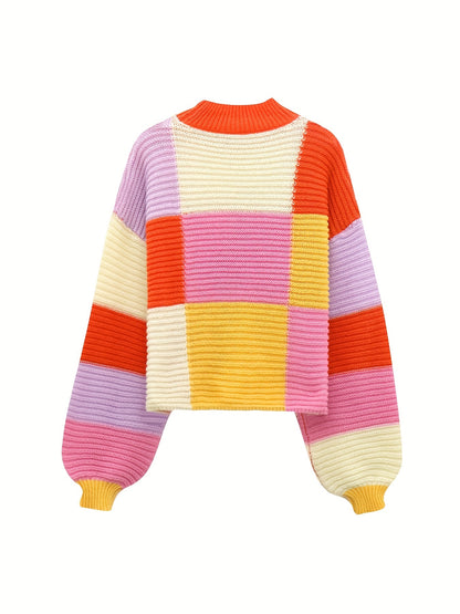 Sixsr Color Block Mock Neck Pullover Sweater, Y2K Long Sleeve Sweater For Fall & Winter, Women's Clothing
