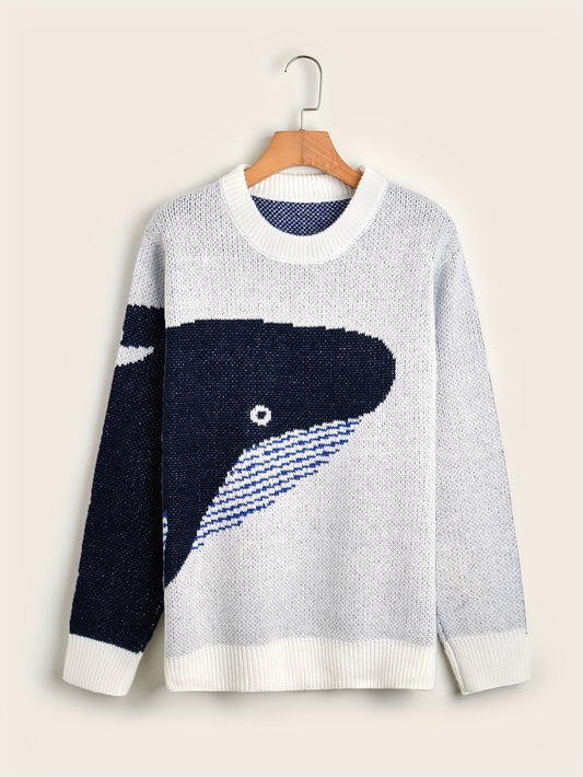 Sixsr Cartoon Whale Print, Loose Fit Warm Sweater, Men's Casual Retro Style Slightly Stretch Crew Neck Pullover Sweater For Fall Winter