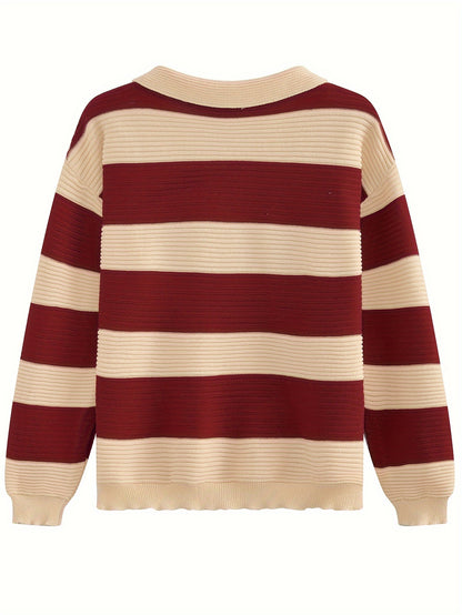 Sixsr Striped Tie Neck Pullover Sweater, Casual Long Sleeve Drop Shoulder Sweater, Women's Clothing