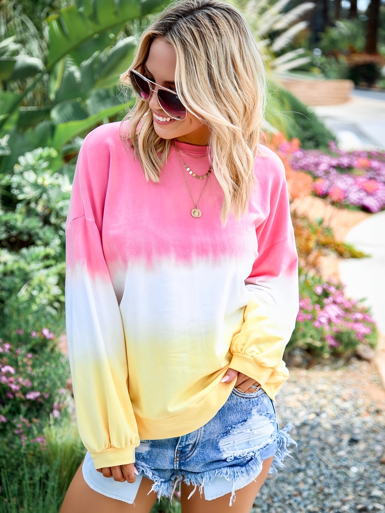 Gradient Tie Dye T-Shirt, Long Sleeve Crew Neck Casual Top For Spring & Fall, Women's Clothing