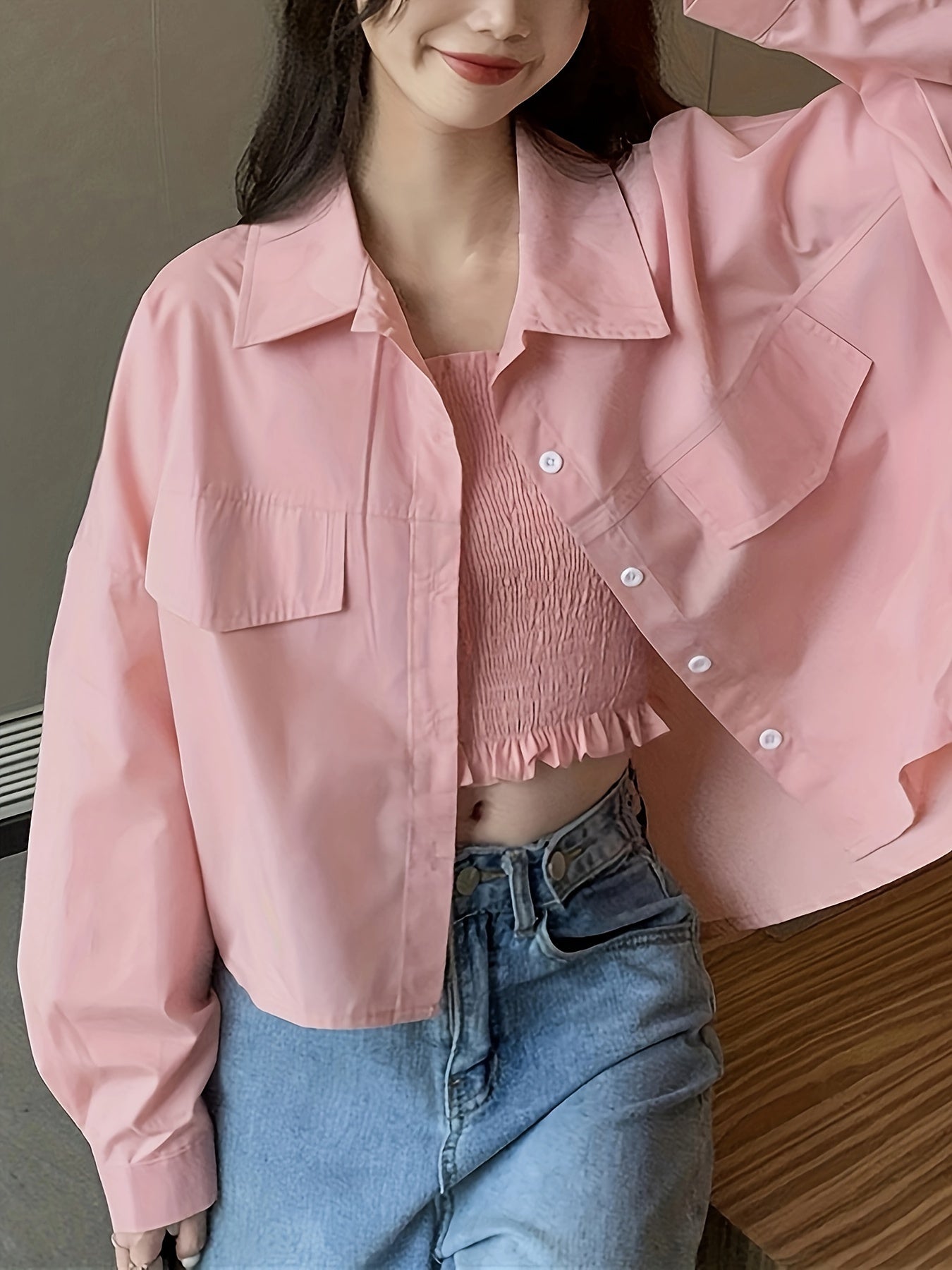 Sixsr Solid Button Front Shirt, Casual Long Sleeve Lapel Shirt, Women's Clothing