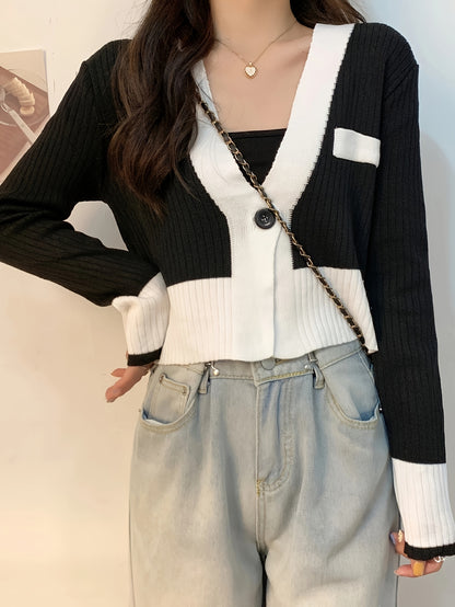 Sixsr Color Block Single Button Knit Cardigan, Casual V Neck Long Sleeve Crop Sweater, Women's Clothing