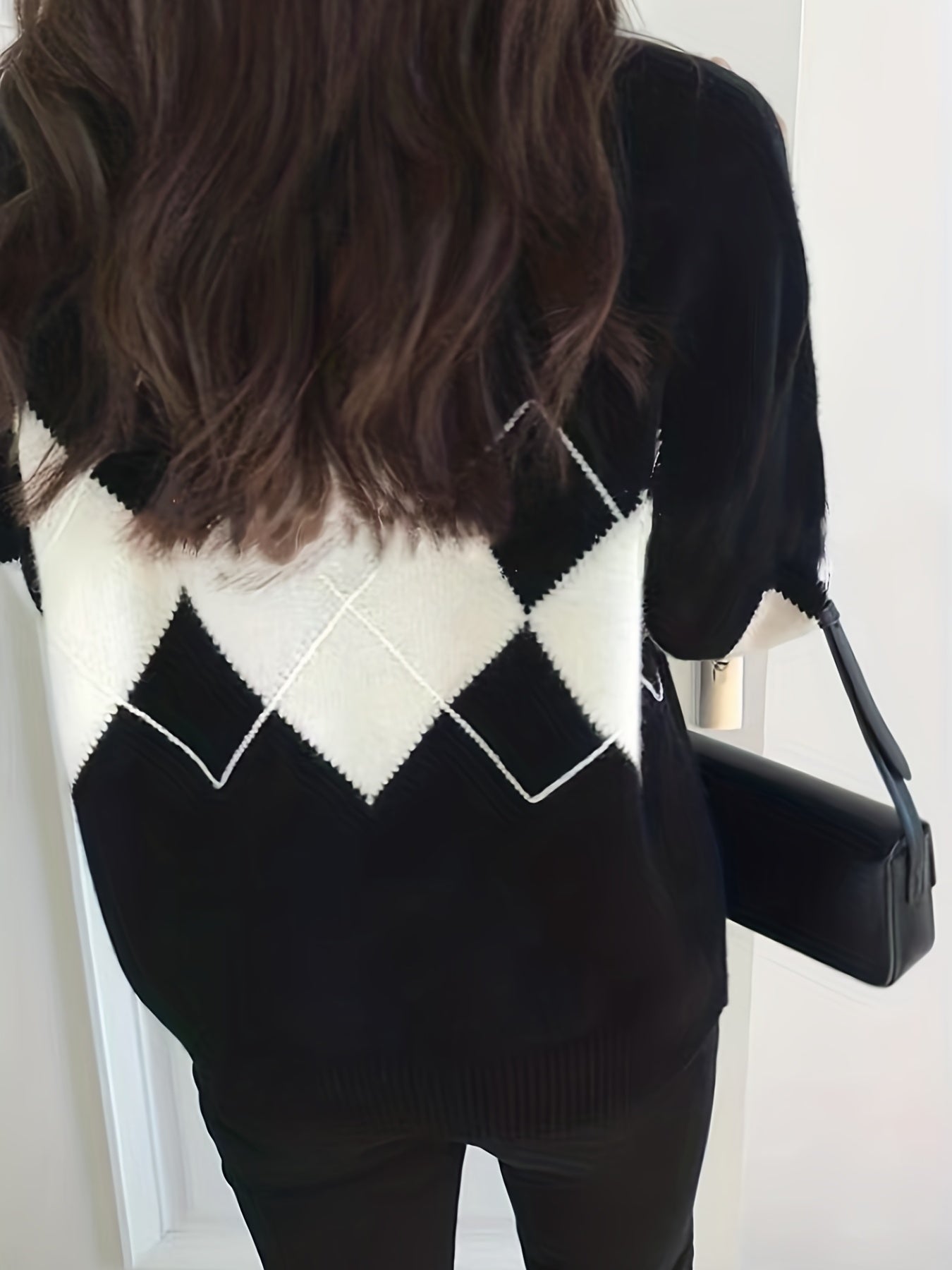 Sixsr Argyle Print Knit Sweater, Casual Crew Neck Long Sleeve Sweater, Women's Clothing