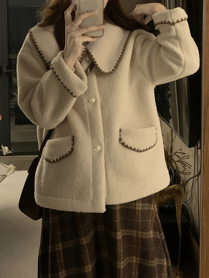 Sixsr Contrast Trim Button Front Plush Coat, Casual Long Sleeve Dual Pockets Lapel Coat For Fall & Winter, Women's Clothing