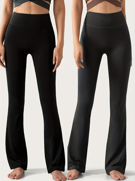 Sixsr 2pcs Solid Color High Waist Flare Pants, Butt Lifting Sports Running Bootcut Pants, Women's Activewear