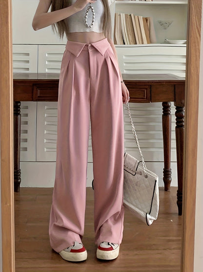 Sixsr Button Front Straight Leg Pants, Casual Pleated Pocket High Waist Pants, Women's Clothing