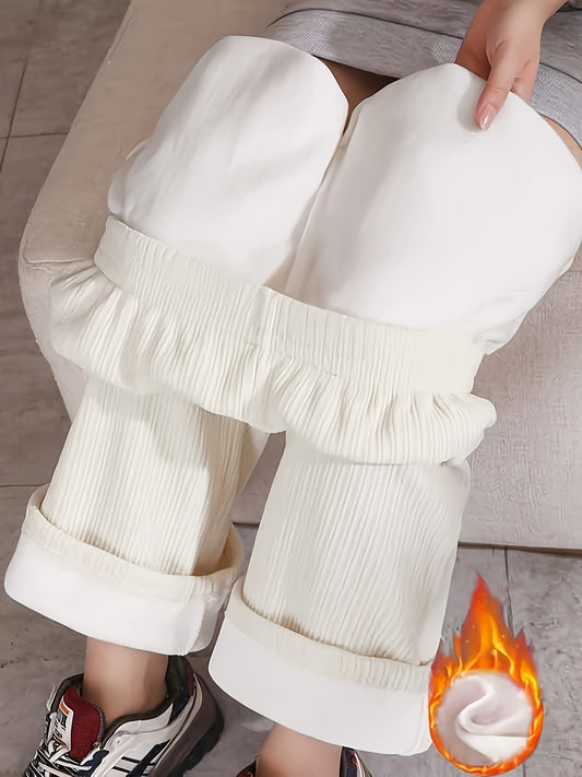 Sixsr Solid Fleece Straight Leg Pants, Casual High Waist Thermal Pants For Fall & Winter, Women's Clothing