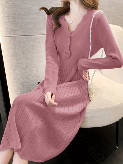 Sixsr Button Front V Neck Dress, Chic Solid Color Long Sleeve Pleat Dress, Women's Clothing