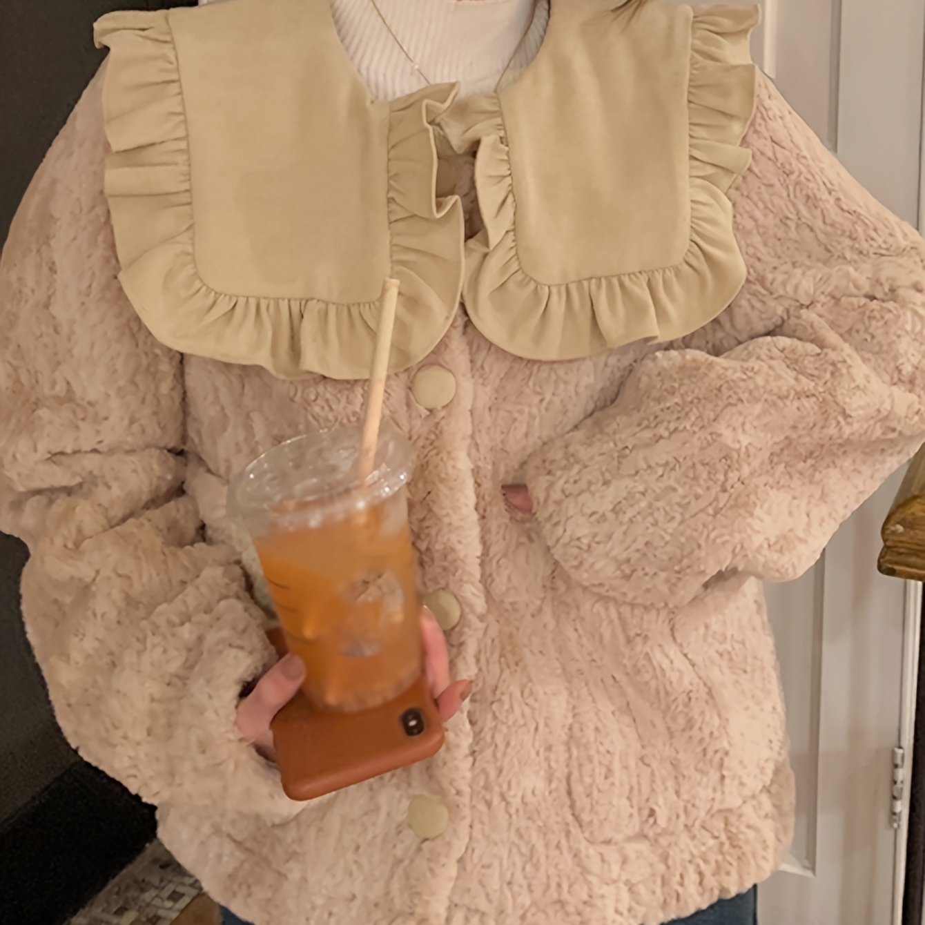 Sixsr Button Front Ruffle Trim Lapel Plush Coat, Long Sleeve Dual Pockets Outerwear For Fall & Winter, Women's Clothing