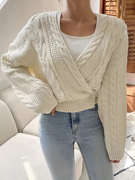Sixsr Solid Cable Surplice Neck Cardigan, Vintage Long Sleeve Drop Shoulder Outwear, Women's Clothing