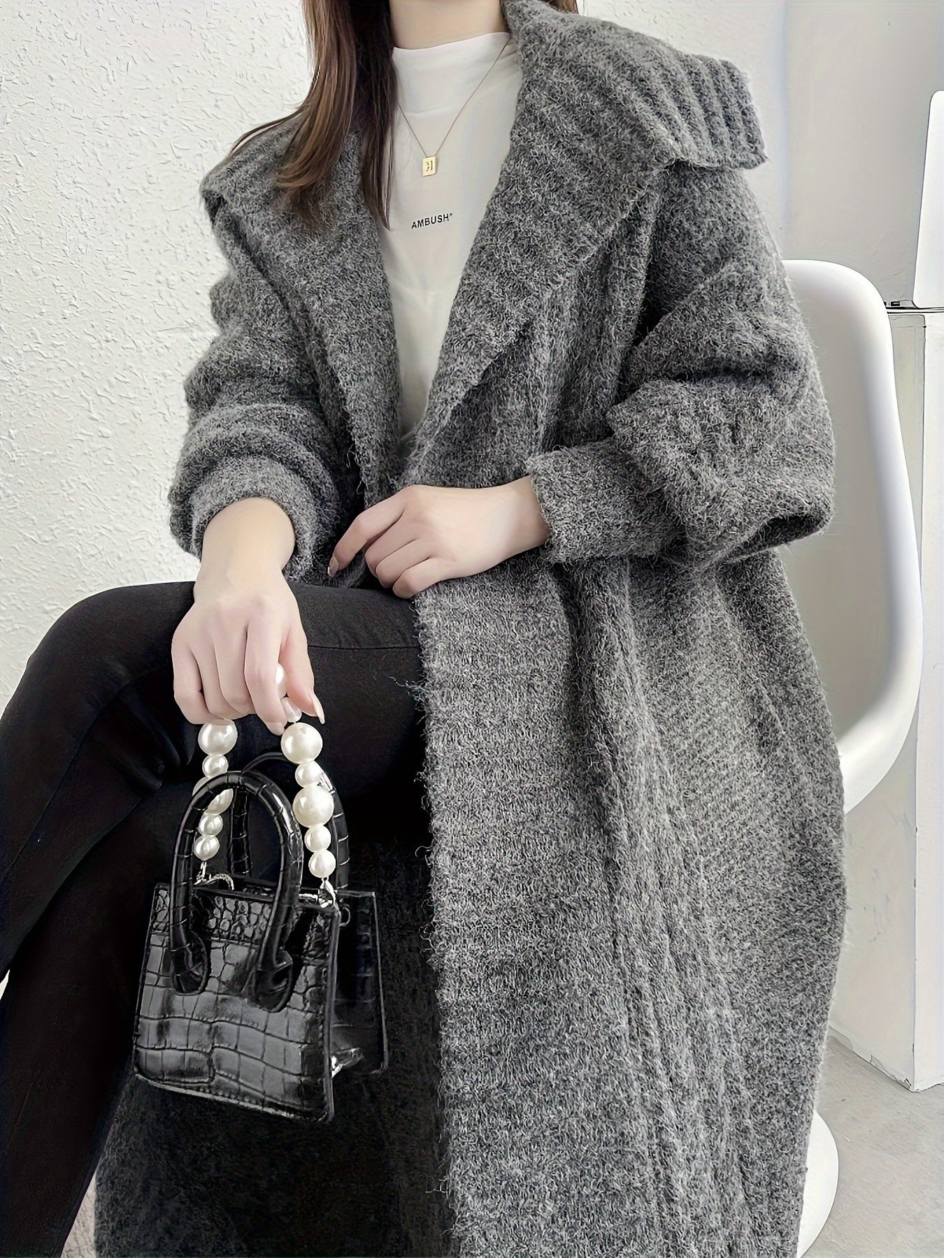 Sixsr Solid Open Front Knit Cardigan, Casual Collared Long Length Thick Sweater Outerwear For Fall & Winter, Women's Clothing