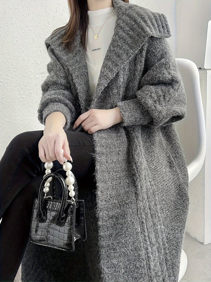 Sixsr Solid Open Front Knit Cardigan, Casual Collared Long Length Thick Sweater Outerwear For Fall & Winter, Women's Clothing