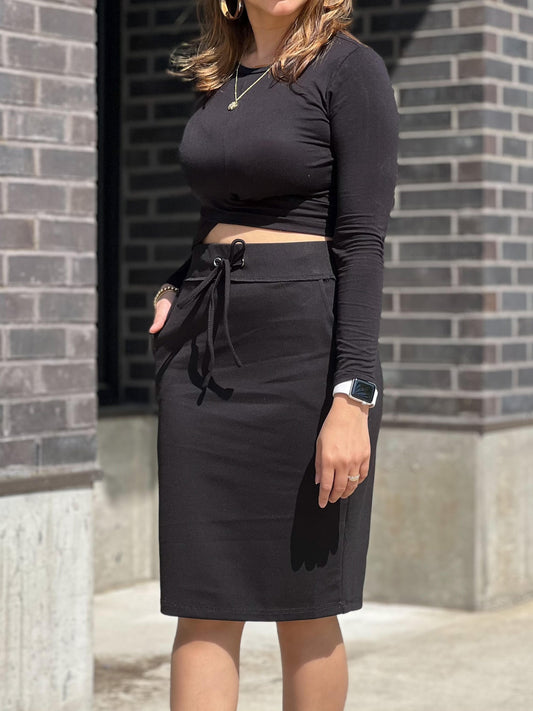 Sixsr Solid Drawstring Stretchy Mid Length Skirts, Elegant Pockets High Waist Pencil Skirts, Women's Clothing