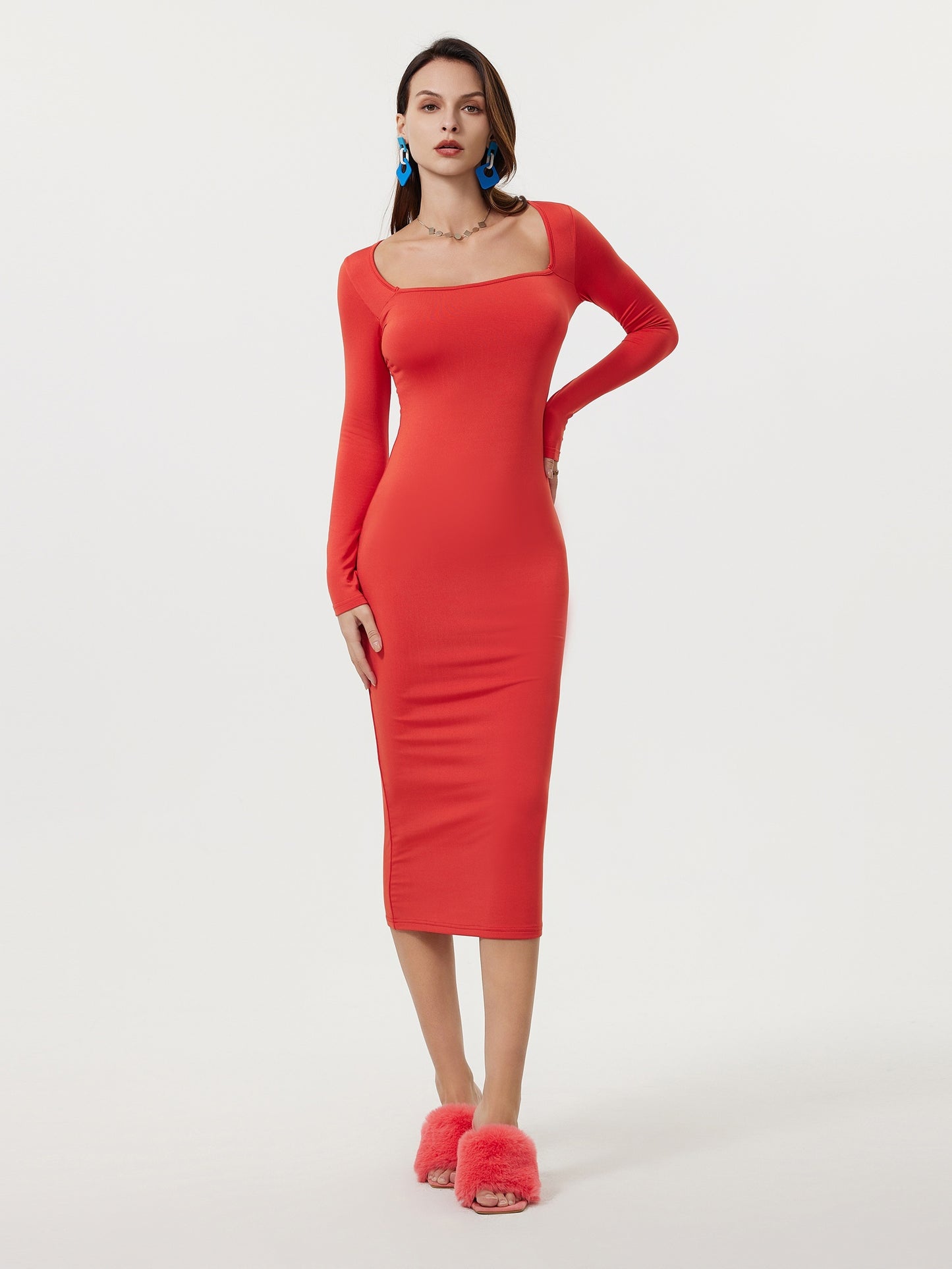 Sixsr Squared Neck Bodycon Dress, Casual Solid Long Sleeve Midi Dress, Women's Clothing