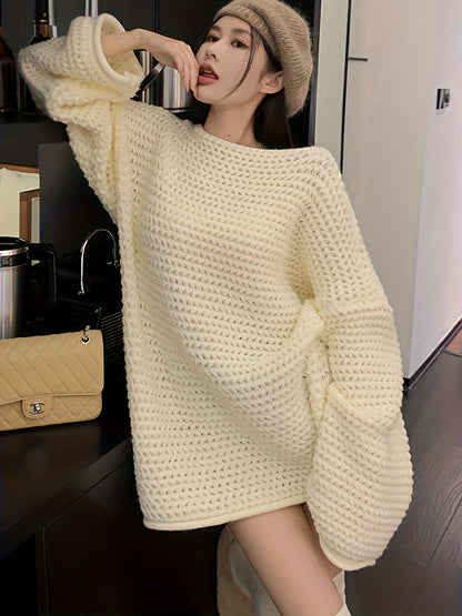 Sixsr Solid Loose Knitted Pullover Sweater, Casual Long Sleeve Sweater For Fall & Winter, Women's Clothing