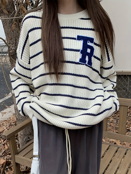Sixsr Letter Patched Striped Sweater, Casual Crew Neck Long Sleeve Sweater For Fall & Winter, Women's Clothing