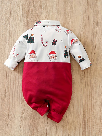 Faux Suspender Overalls Xmas Symbols Pattern Jumpsuit With A Bow Tie For Baby Boys, Perfect For Autumn And Winter Outdoors