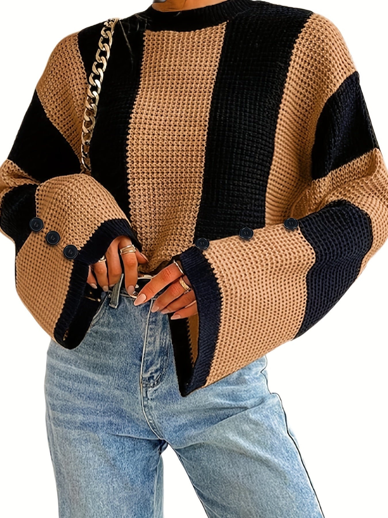 Sixsr Striped Flare Sleeve Pullover Sweater, Casual Button Decor Crew Neck Knitted Top, Women's Clothing