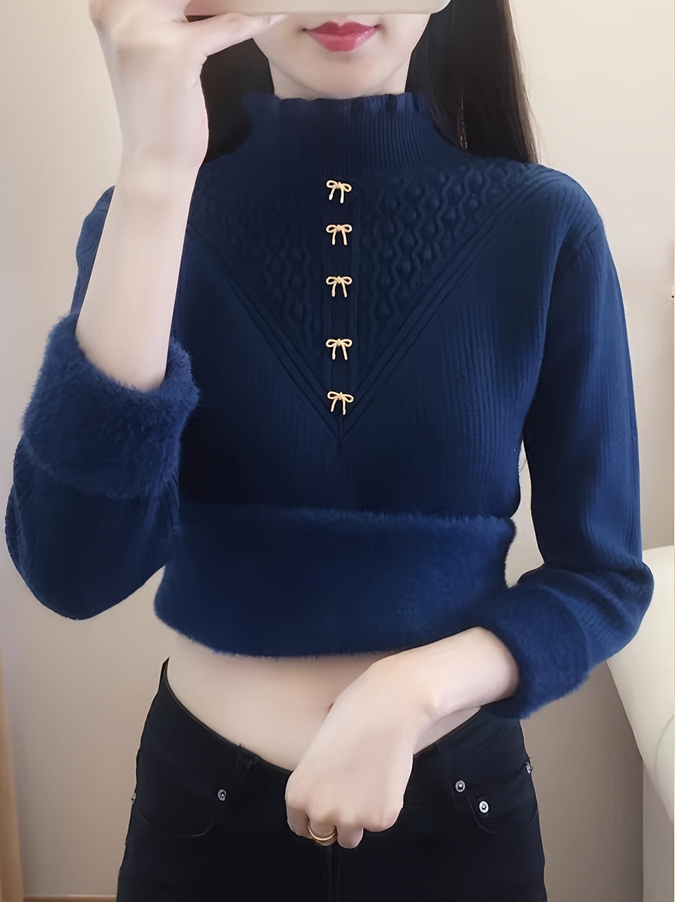 Sixsr Solid Mock Neck Fleece Sweater, Elegant Button Long Sleeve Thermal Inner Wear Sweater, Women's Clothing