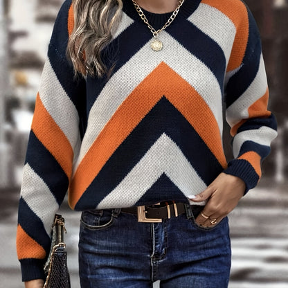 Women's Colorblock Stripe Knitted Pullover Sweater for Fall & Winter - Casual Crew Neck Long Sleeve Top with Comfortable Fit