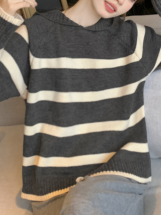 Sixsr Striped Pattern Hooded Sweater, Casual Long Sleeve Sweater For Fall & Winter, Women's Clothing