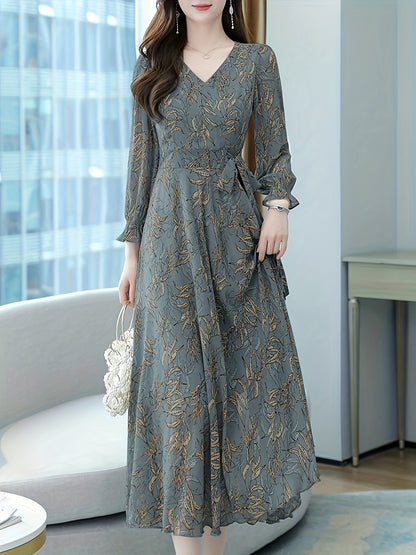 Sixsr Floral Pattern Midi Dress, Vintage V Neck Long Sleeve Dress, Women's Clothing