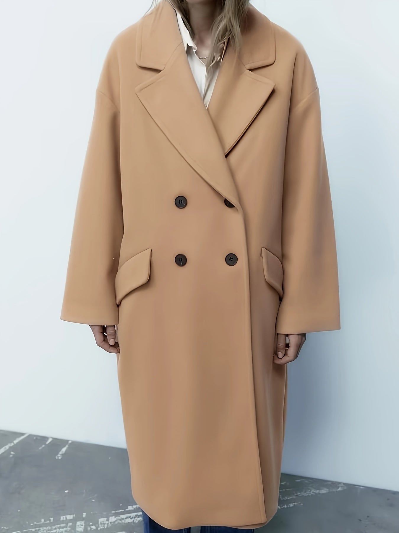 Sixsr Solid Double Breasted Lapel Overcoat, Elegant Long Sleeve Winter Warm Outwear, Women's Clothing