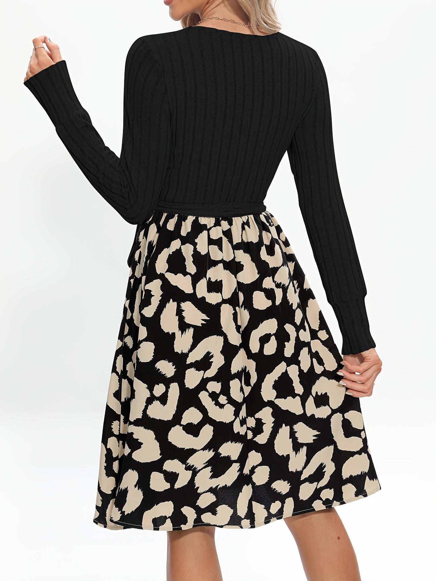 Sixsr Leopard Print Splicing Dress, Elegant Crew Neck Long Sleeve Dress, Women's Clothing