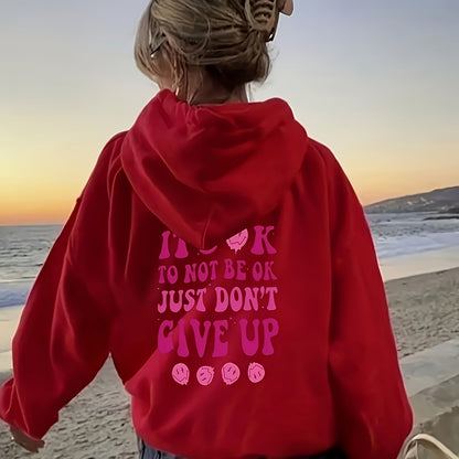 Sixsr Plus Size Casual Sweatshirt, Women's Plus Slogan & Face Print Long Sleeve Drawstring Hooded Sweatshirt With Pockets