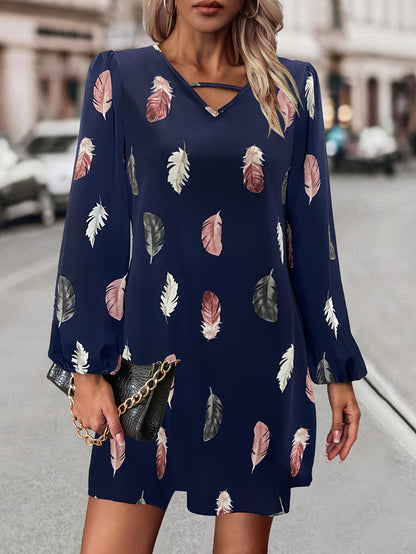 Sixsr Feather Print Lantern Sleeve Dress, V Neck A-line Dress, Women's Clothing