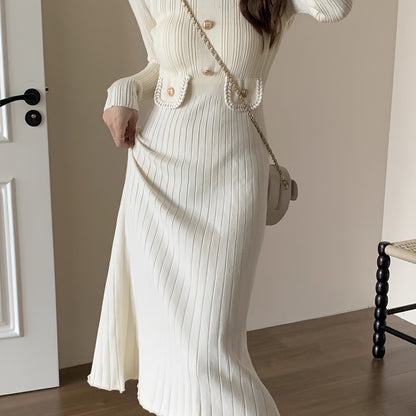 Sixsr Ribbed Solid Midi Dress, Elegant Long Sleeve Bodycon Sweater Dress, Women's Clothing