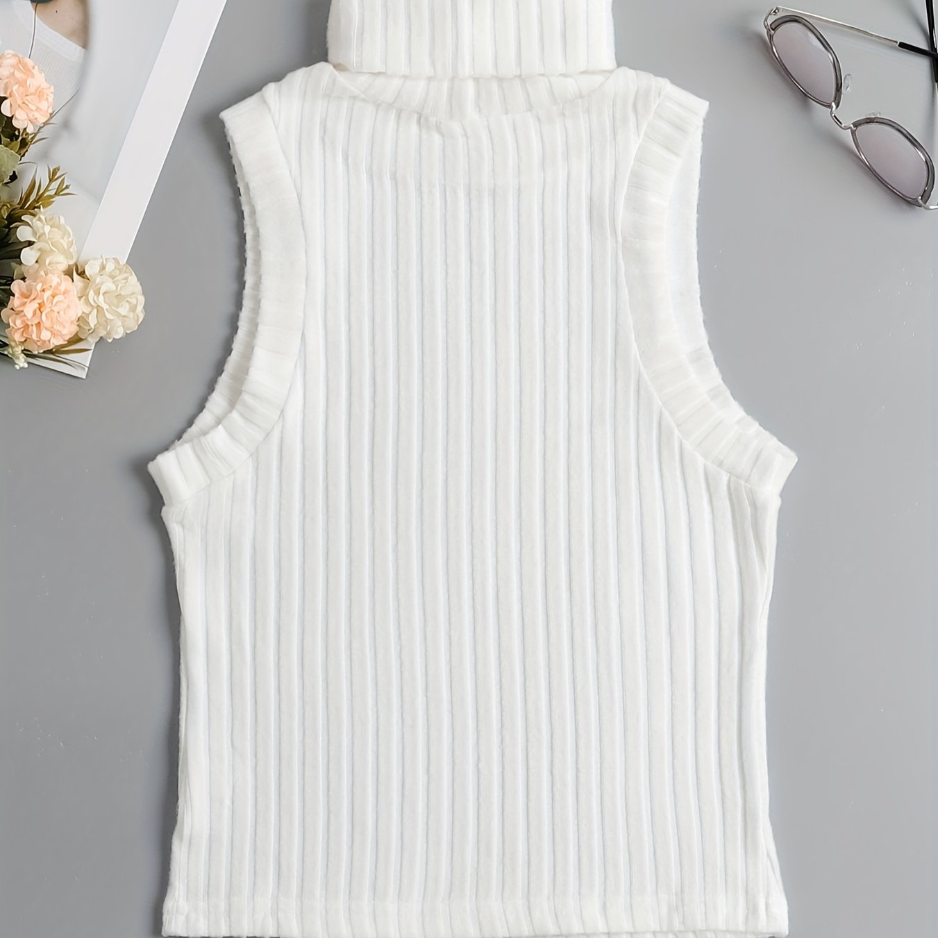 Sixsr Rib Knit High Neck Sweater Knitted Top, Sleeveless Casual Tank Top, Women's Clothing