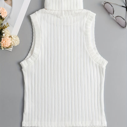 Sixsr Rib Knit High Neck Sweater Knitted Top, Sleeveless Casual Tank Top, Women's Clothing