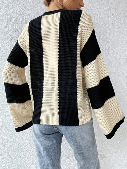 Color Block Crew Neck Sweater, Casual Long Sleeve Loose Sweater For Spring & Fall, Women's Clothing