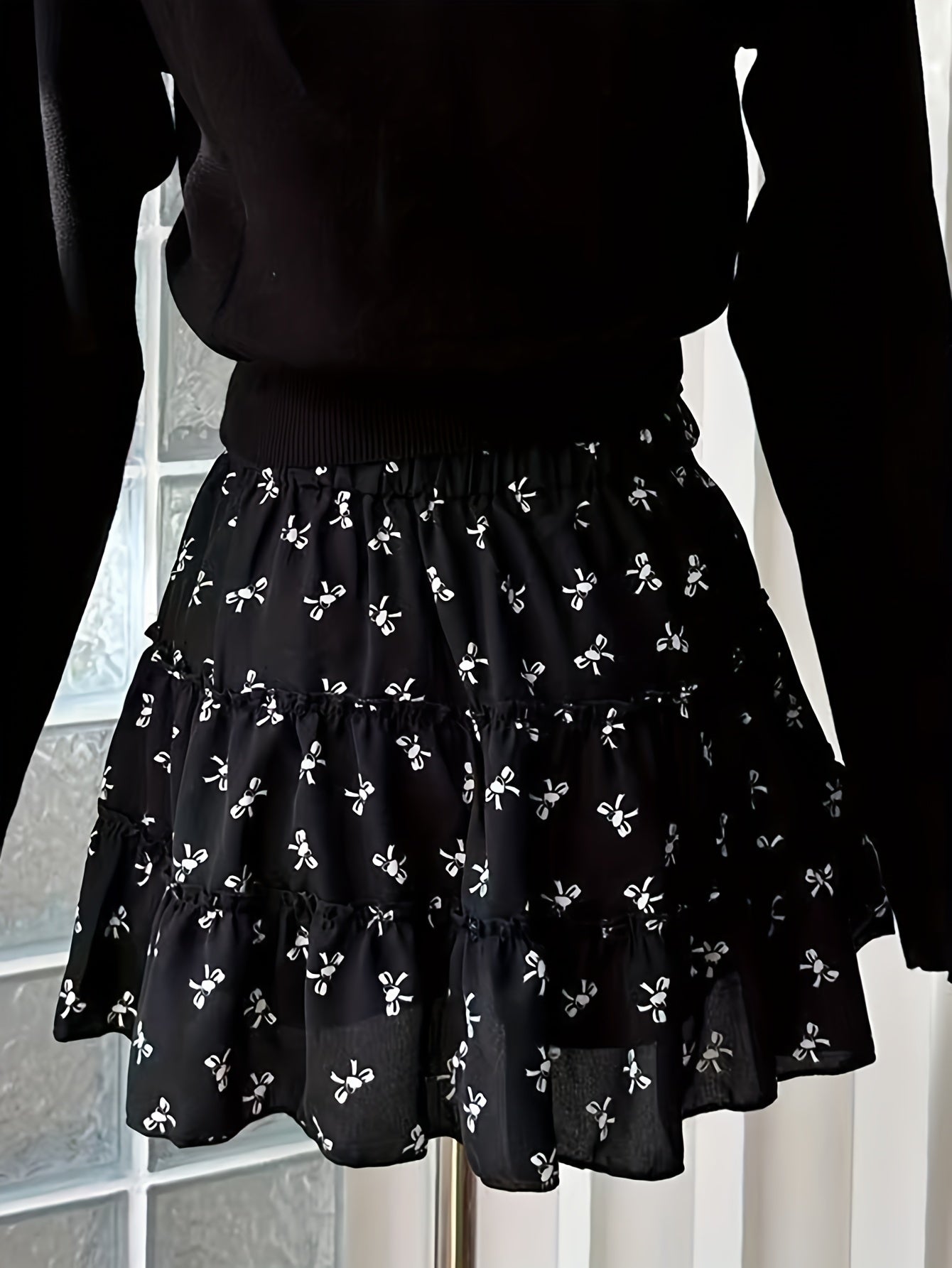 Sixsr Bow Print Ruffle Hem Skirt, Casual Mini Skirt For Summer, Women's Clothing