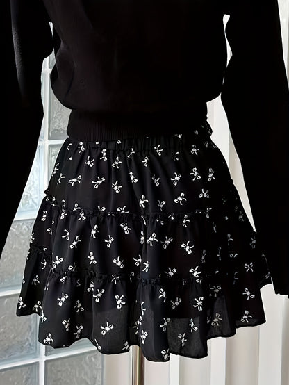 Sixsr Bow Print Ruffle Hem Skirt, Casual Mini Skirt For Summer, Women's Clothing