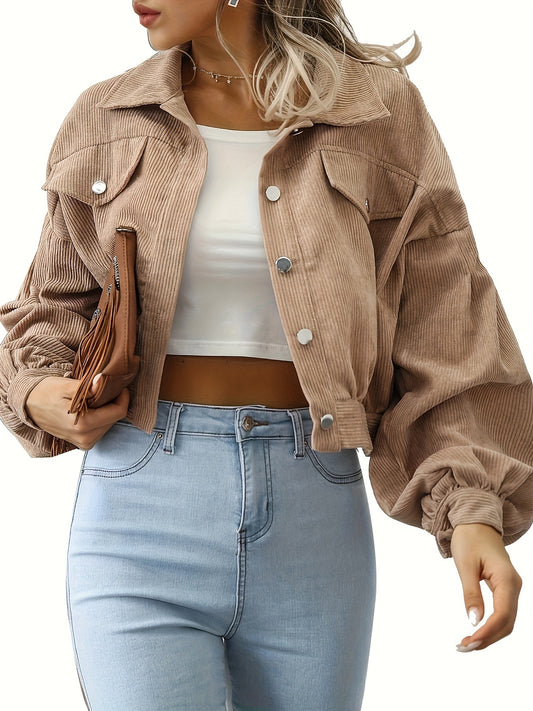 Sixsr Solid Lantern Sleeve Crop Jacket, Casual Button Front Drop Shoulder Jacket, Women's Clothing