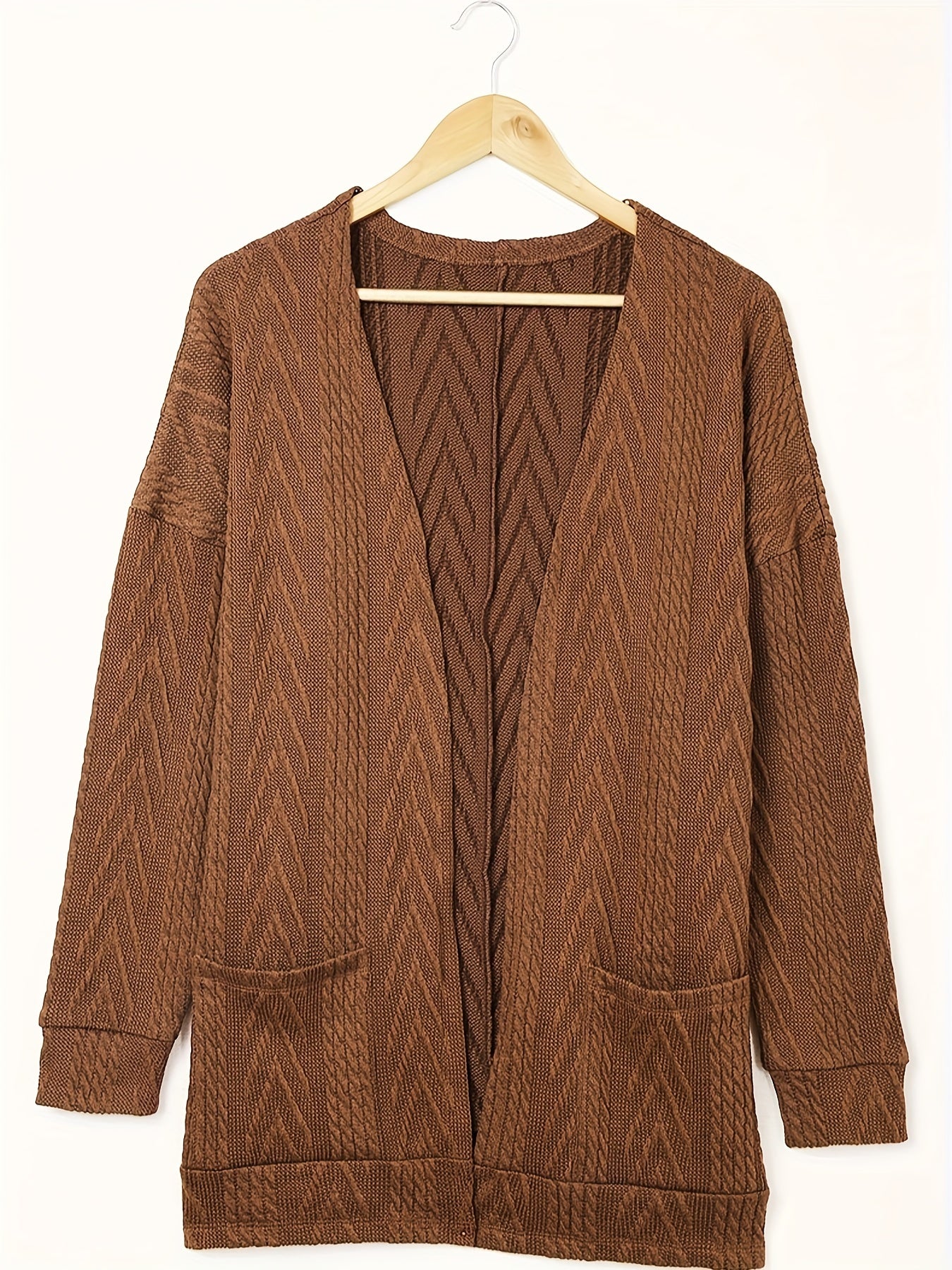 Sixsr Solid Open Front Knit Cardigan, Elegant Long Sleeve Pocket Loose Cardigan, Women's Clothing