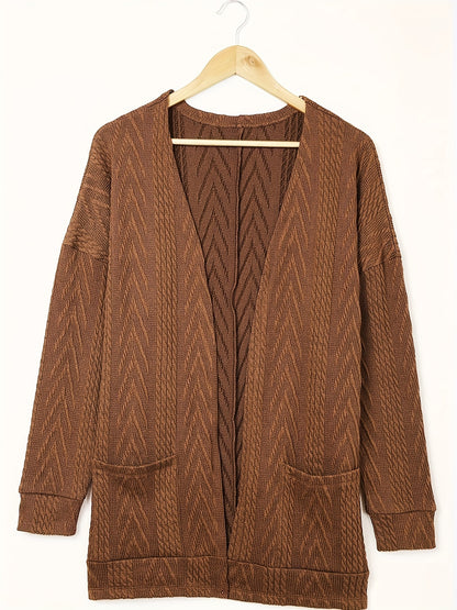 Sixsr Solid Open Front Knit Cardigan, Elegant Long Sleeve Pocket Loose Cardigan, Women's Clothing