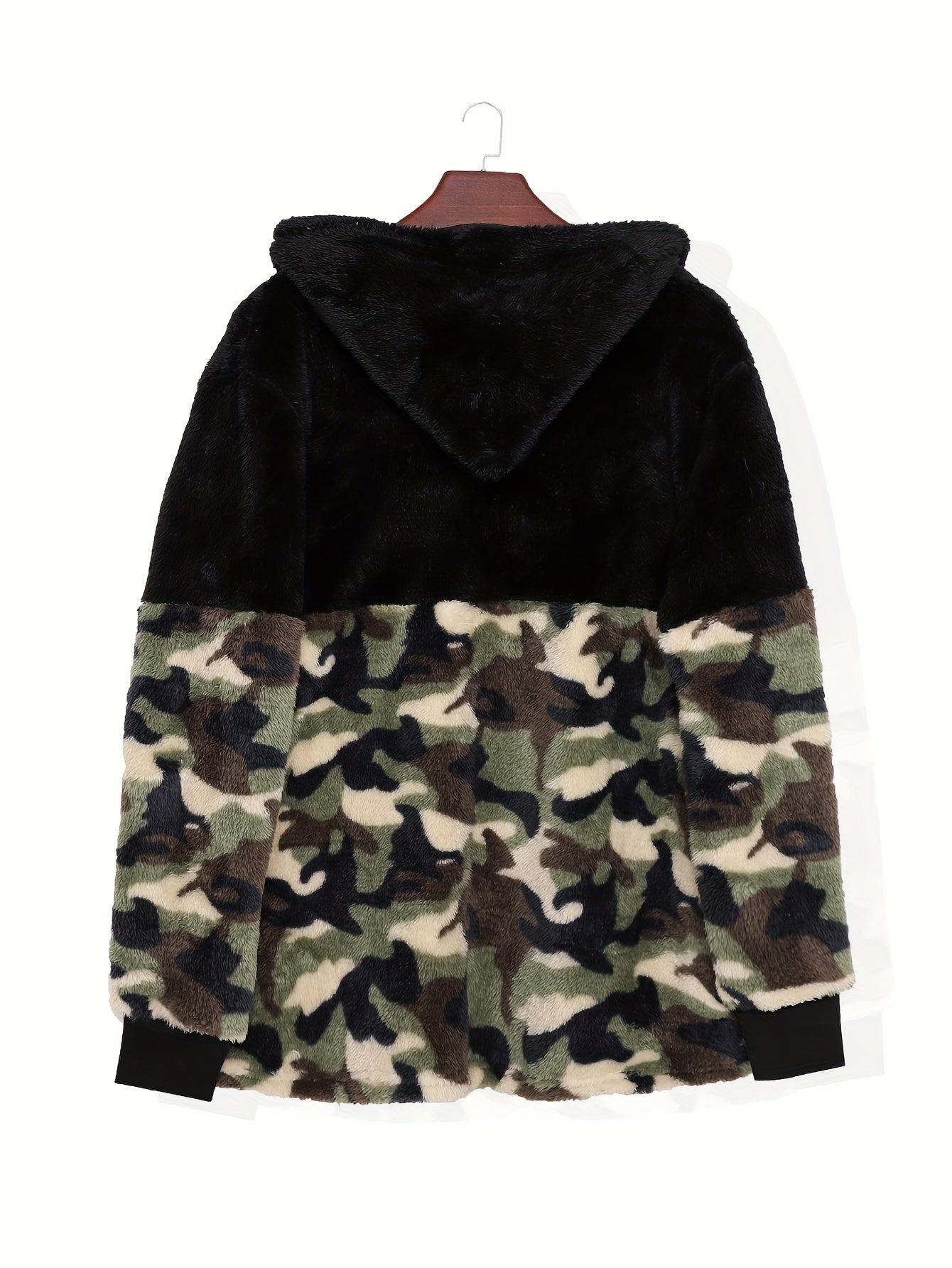 Sixsr Plus Size Casual Coat, Women's Plus Colorblock Camo Print Fleece Zip Up Long Sleeve Hooded Teddy Coat With Pockets