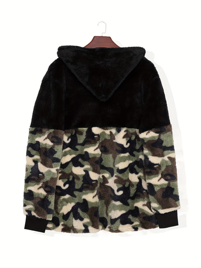 Sixsr Plus Size Casual Coat, Women's Plus Colorblock Camo Print Fleece Zip Up Long Sleeve Hooded Teddy Coat With Pockets