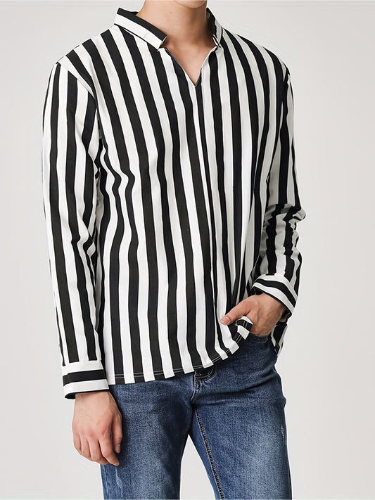 Sixsr Men's Casual Stripe V Neck Long Sleeve Shirt With No Button, Male Clothes For Spring And Summer