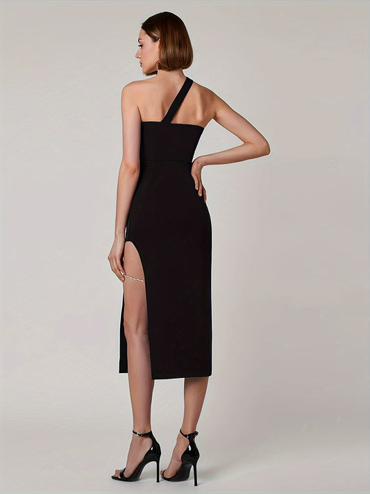 Sixsr One-shoulder Sleeveless Dress, Stylish Solid Color Split Hem Slim Dress, Women's Clothing