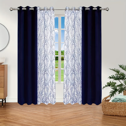 1 Panel Branch Printed Sheer Curtain + 1 Panel Blackout Curtain - Panels for Bedroom, Office, Living Room Home Decor with Grommet Top Window Drapes