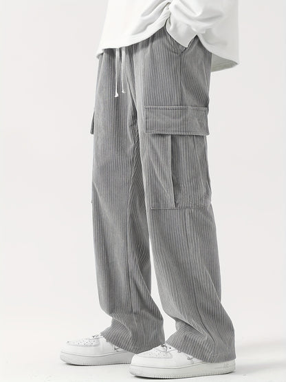 Sixsr Corduroy Multi Flap Pockets Men's Straight Leg Cargo Pants, Loose Baggy Pant Casual Outdoor Pants, Men's Work Pants For Hiking Fishing Angling