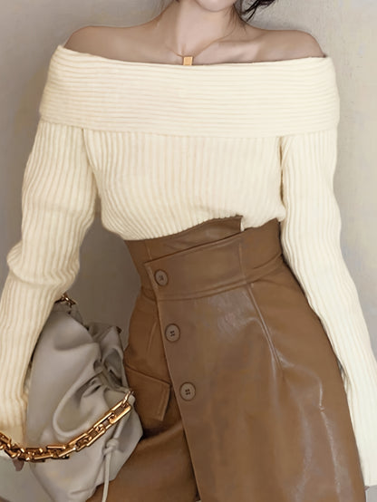 Sixsr Solid Off Shoulder Knit Sweater, Casual Long Sleeve Pullover Sweater, Women's Clothing