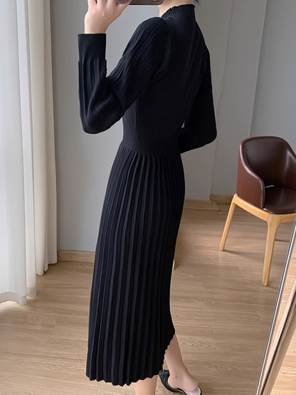 Sixsr Solid Pleated Midi Dress, Elegant Mock Neck Long Sleeve Dress, Women's Clothing