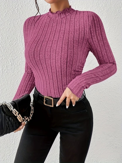 Sixsr Long Sleeve Ribbed Knit T-Shirt, High Neck Elegant Casual Top For Fall & Spring, Women's Clothing