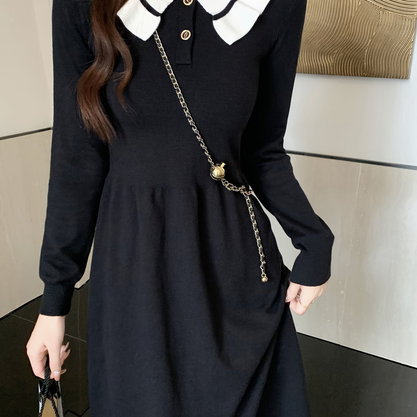 Sixsr Color Block Elegant Dress, Button Up Long Sleeve Dress For Spring & Fall, Women's Clothing